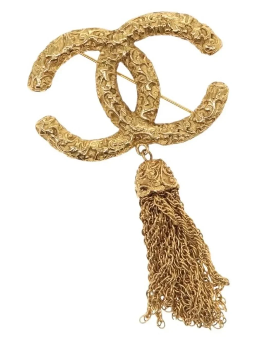 CHANEL COCO Mark Lava Fringe Brooch metal Gold CC Auth am8932V